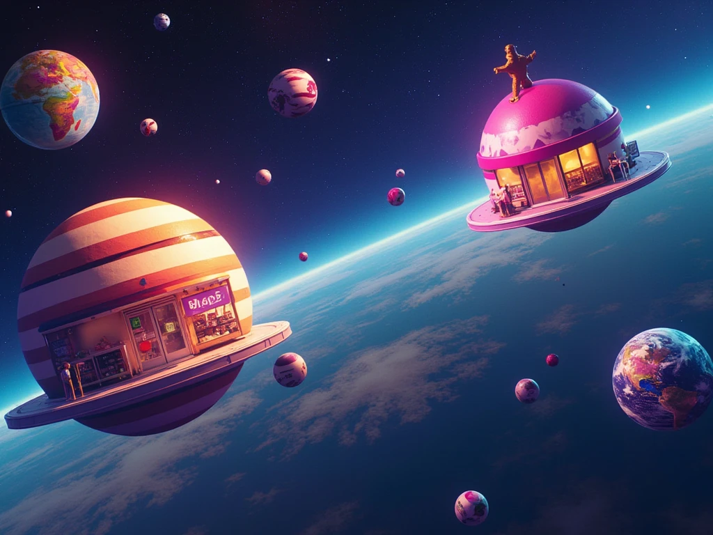  view of planets floating in a colorful and welcoming space,  each planet shaped like a supermarket ,  another in the shape of a coffee shop and another in the shape of a restaurant,  graphic details in a futuristic style , with friendly ,  details with shadows and stars lighting up, In outer space, with shading and lighting , con more details,  more realistic with stars , very attractive and striking , more details 