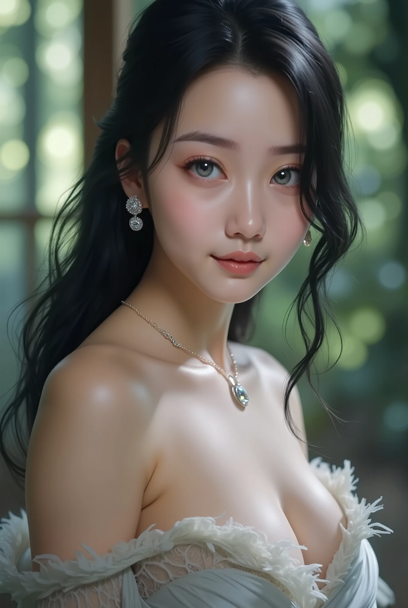 1girl, naked body, black_hair, blurry, blurry_background, blurry_foreground, breasts, blue_eyes, closed_mouth, depth_of_field, earrings, jewelry, long_hair, looking_at_viewer, smile, solo, missionary pov 