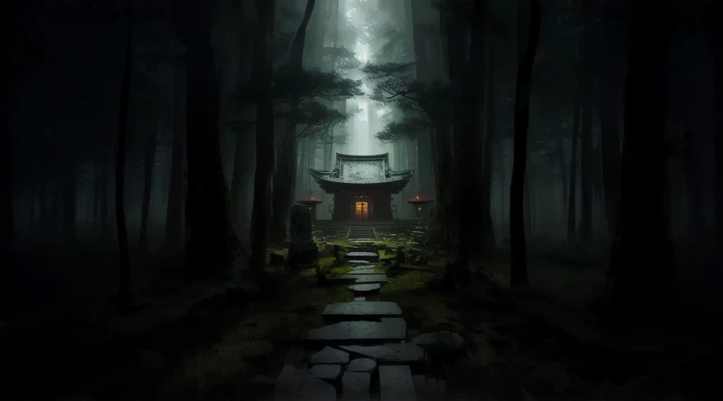  Dark Forest with a Little House in the Middle,  Mysterious Temple ,  Mysterious Temple の設定, Cyberpunk Japanese Temple,  Mythical Shrine Hidden in the Forest ,  Has an Eerie Secret Temple ,  Witch's Cabin in the Forest , inspired by Andreas Rocha, Dark fantasy setting,  Realistic Dark Concept Art , Andreas Rocha Style,  Lost Temple ,  Mythical Space Shrine , 森に隠れた