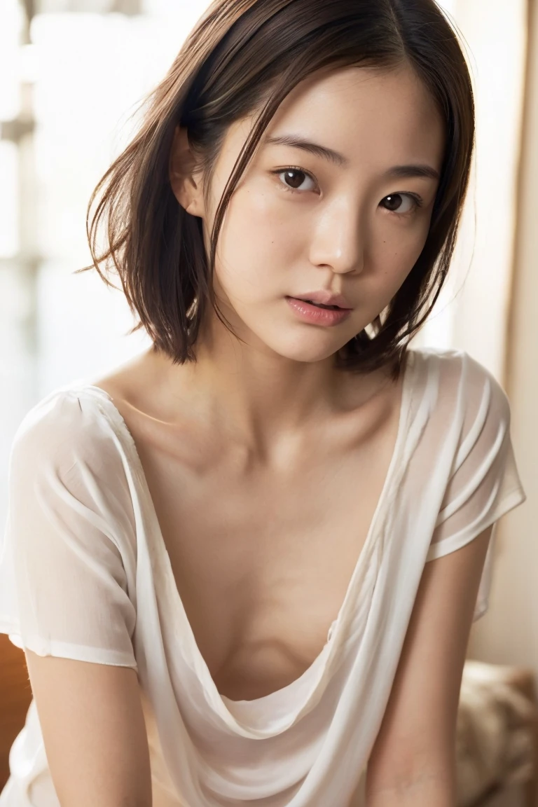 1 Japanese woman, 20 years old, High resolution, Short hair, Brown Hair, flat chest, Anatomically correct, Soft Light, Reality, Super detailed, 
White silk shirt with an oversized neckline, collarbone and chest visible, Lean forward, orgasmic expression, without bra, nipples are visible, peeping, remote play, nsfw