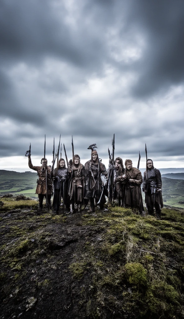 Cinematic A group of VIKING warriors on a HILL, with WEAPONS raised in a gesture of determination. The sky is dark and filled with CLOUDS, symbolizing the beginning of a new ERA. The lush landscape stretches below, representing their homeland. Macro, UHD 4k quality, full megapixels, ultra detailed.