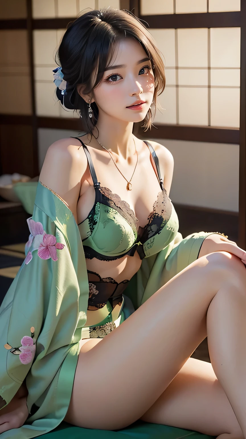 ((( best quality))), ((masterpiece)), (detailed),((((ryokan tatami room background)))), ((((((  girl wearing elegant lace embroidered underwear under kimono)))))),  (((sexy lingerie,Green underwear:1.8))),(((Slender body,Clevis, Camel Toe ))), ((Glowing Skin, white skin,Glowing Skin)), Mysterious Light, ((((An angle that captures the face and whole body)))), (((Well-formed face))), ((Big Eyes)), ((((((Droopy eyes)))))), ((((Close your eyes)))), ((Random Angle)), ((((Accurate anatomy)))), Open your legs just a little, (Delicate thighs),  perfect makeup, eyeshadow, earrings,necklace,(((( removing kimono)))),Open your knees,Spread your legs,Off the shoulder,(Both shoulders are exposed:1.3), Just wearing a kimono on bare skin, Half naked, Half naked, 