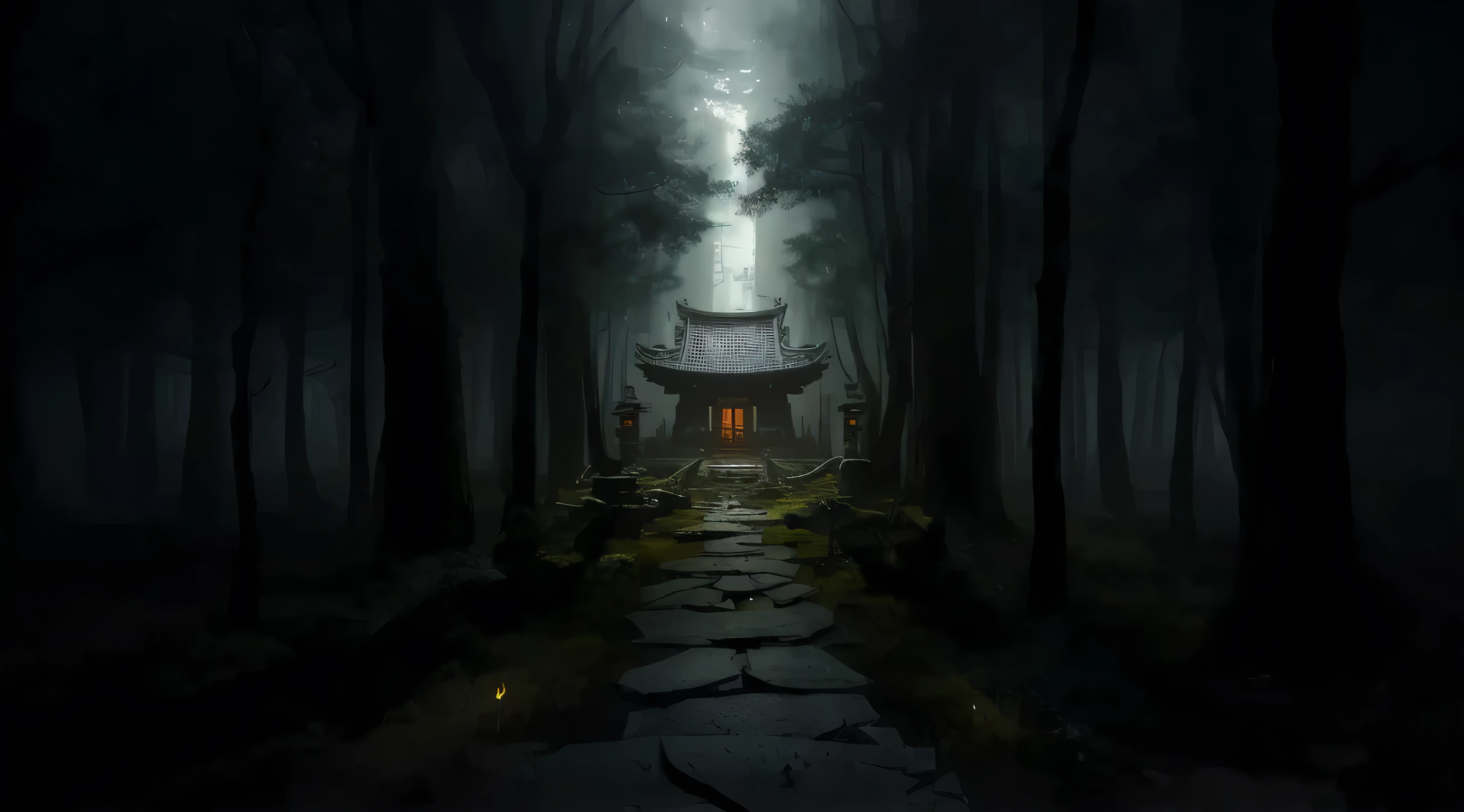  Dark Forest with a Little House in the Middle,  Mysterious Temple ,   Mysterious Temple Hidden in the Forest, cyberpunk japanese temple,  Mythical Shrine Hidden in the Forest ,  Has an Eerie Secret Temple ,  Witch's Cabin in the Forest , inspired by Andreas Rocha, Dark fantasy setting,  Realistic Dark Concept Art , Andreas Rocha Style,  Lost Temple ,  Mythical Space Shrine , The settings for the 