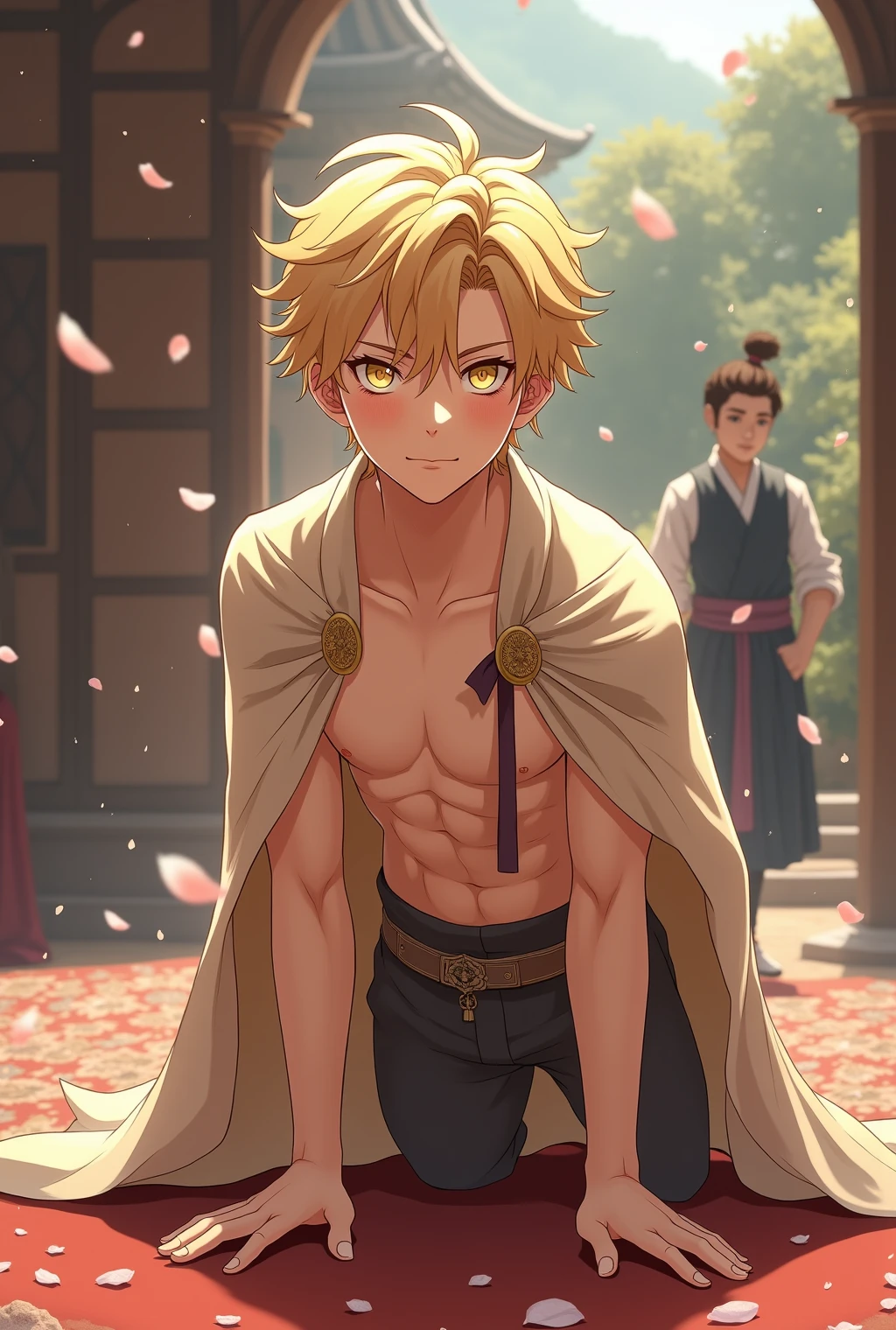 ,black blazer, abdomen, wearing no shirt, Wide formal pants, mascle, hair blonde, medium length, perfect facial symettry, perfect nose, Beautiful Beautiful Smile, One mascle, standing alone, single person, smile cute. wolf cut. Single mascle, A person. Single Character , original body look and indian boy looking forward