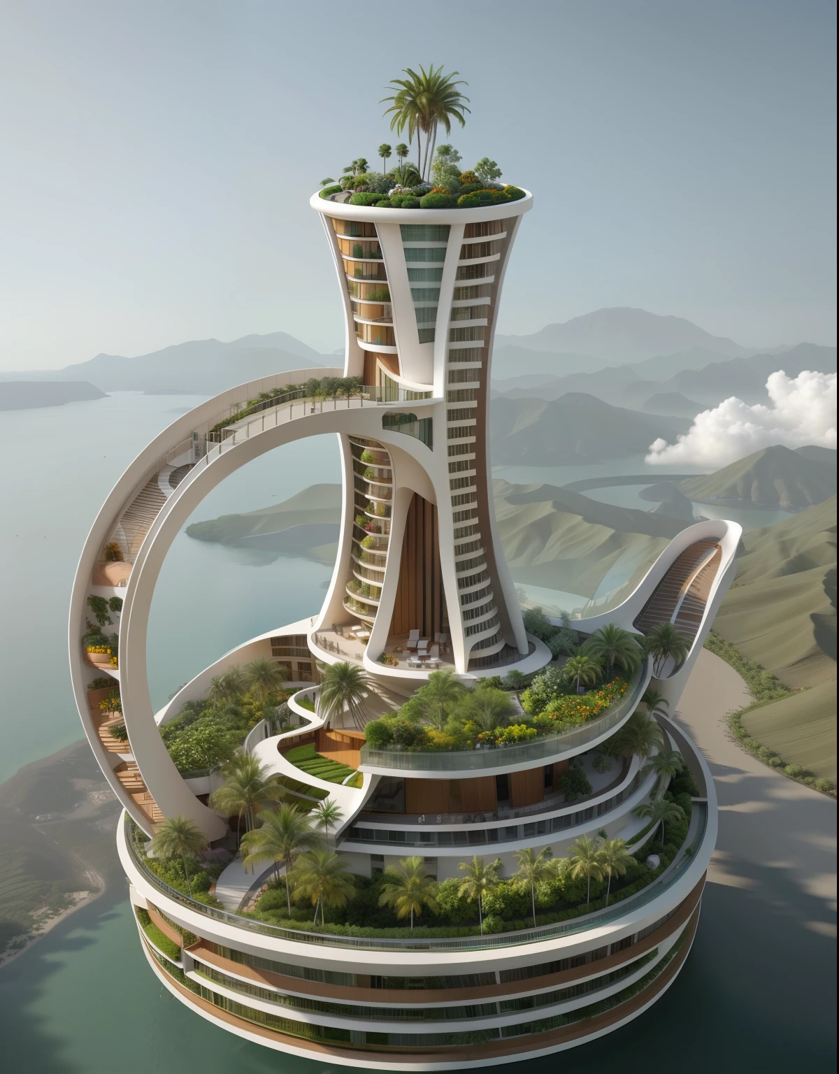 Building , plaza, Architecture render, tropical, realistic, balcony stripes, openings, concrete and glass, by Syd Mead, low bird eye view