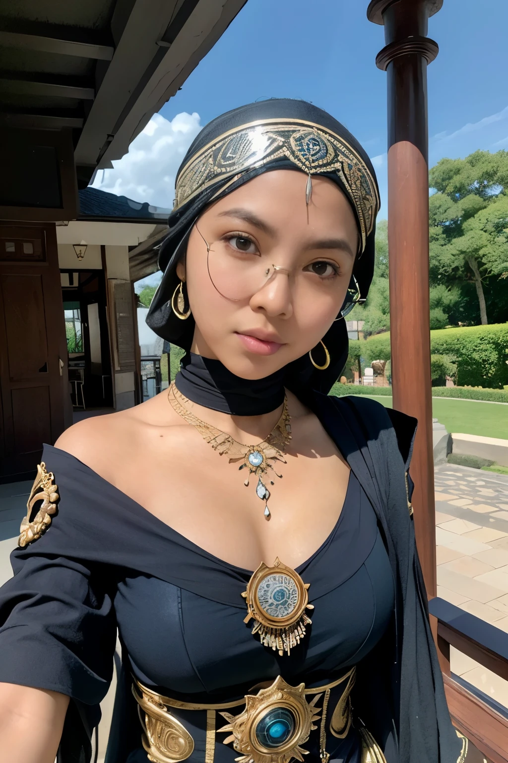 Space, futuristic, denise, Dark skin, Slave, thigh, glasses, (bali),RAW, Best quality, high resolution, masterpiece: 1.3), beautiful javanese women in hijab,Masterpiece, beautiful design, hijab, rustic, very beautiful enga style, beautiful masterpiece, fine details, wearing gorgeous clothing, choker , necklace, hairband, afternoon walk, City garden, Excellent lighting, Bright colors, Clean lines