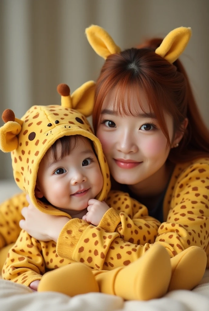 dressed in a animal costume and is sitting on his mom's lap, 1littleboy, mom is seen wearing bedtime shorts, bedroom, night time, beautiful stars, blushed cheeks, brown hair, adorable, cute, wholesome, sleeping, one night lamp emitting light, soft lights, photo realistic, ultra detailed, 1mom, 1boy, 1child, 1kid, (best quality, masterpiece,)