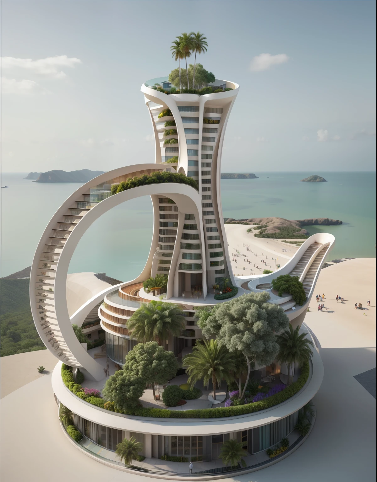 Building , plaza, Architecture render, tropical, realistic, balcony stripes, openings, concrete and glass, by Syd Mead, low bird eye view