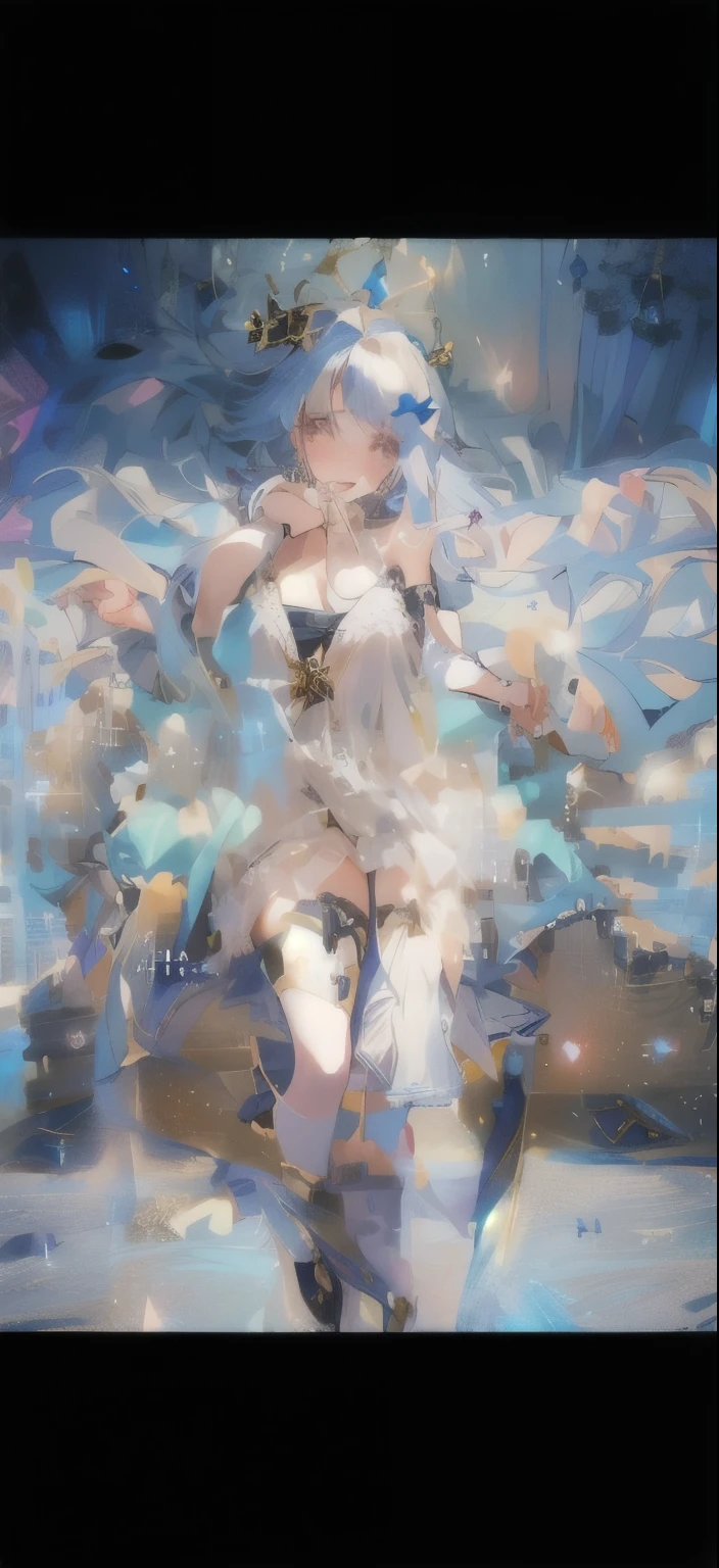 (((A far view: 1.4))) of an anime **** girl, (standing in a (river), (((half naked))), cinematic light, slim body with curves, skin is perfectly white, soft, and smooth, ((no nsfw)), Extremely delicate and beautiful CG illustration, best quality, high resolution, dynamic angle, full-length lens, (1 girl), floating, soft light, high-key lighting), glowing light, purple halo, feathers fluttering background, blue crystal, (((wearing nothing but a white (pure:1.5) (transparent) tank top)))