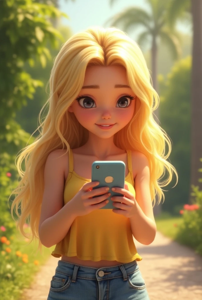 A female character in Pixar movie style , body of a teenager character long blonde hair with beautiful shine delicate face blue eyes White red lips blushed by the Sun beautiful dress and is in her room messing with her smartphone, stuck up preppy girl 