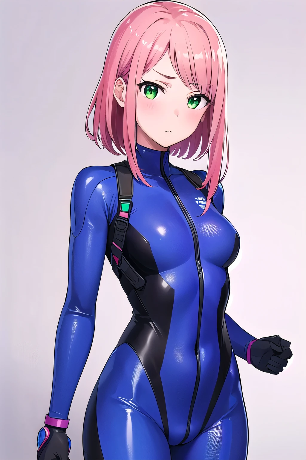 girl,boyish,bob hair, pink Hair, medium Breasts,Black glossy tight suit,Cowboy Shot,blush,sexy face,blue eyes,front leg pose,Tight fit,clearly,Striped pattern, white background,