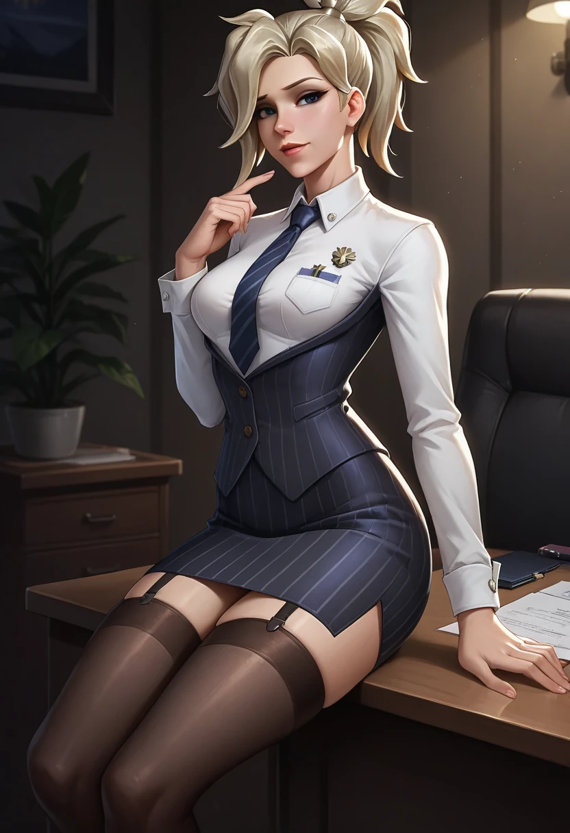 score_9, score_8_up, score_7_up,score_6_up, score_5_up, 1girl, Mercy (Overwatch), solo, pretty face, blonde hair, ponytail, light blush, makeup, lipstick, medium perky breasts, seductive eyes, navy pinstripe skirt suit, (((three-piece suit))), (((dress shirt))), (((silk necktie))), (((blazer))), (((suit jacket))), (((waistcoat))), double-breasted waistcoat, (((bodycon pencil skirt))), (((stockings))), high heels, pocket square, cufflinks, tie clip, tight clothing, formal clothing, bedroom eyes, seductive, heavy blush, smile, detailed background, night, moonlight, inside, office, volumetric lighting, vivid colours, sitting on office chair, full body shot, sexy, 