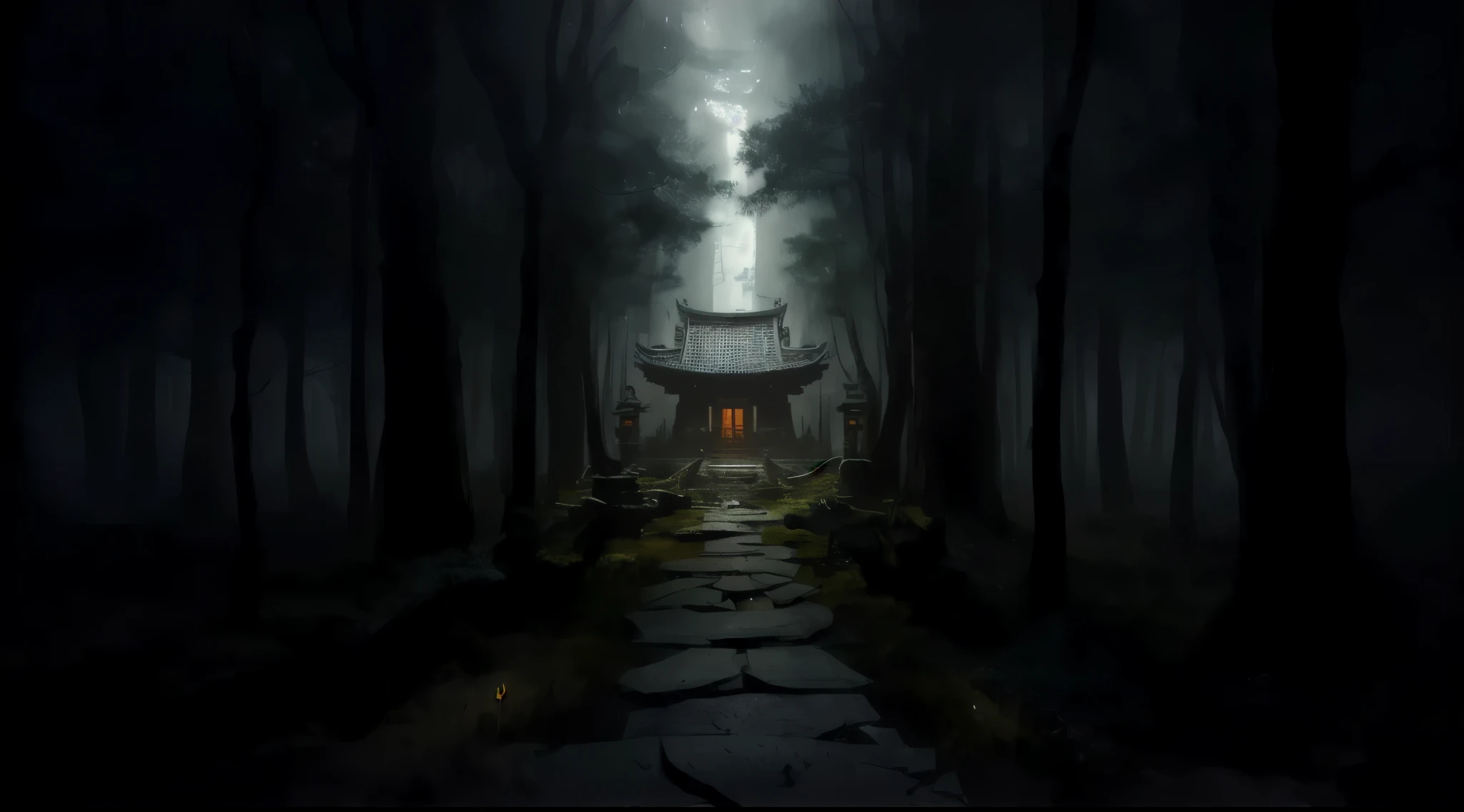  Dark Forest with a Little House in the Middle,  Mysterious Temple ,  Mysterious Temple の設定, Cyberpunk Japanese Temple,  Mythical Shrine Hidden in the Forest ,  Has an Eerie Secret Temple ,  Witch's Cabin in the Forest , inspired by Andreas Rocha, Dark fantasy setting,  Realistic Dark Concept Art , Andreas Rocha Style,  Lost Temple ,  Mythical Space Shrine , The settings for the 