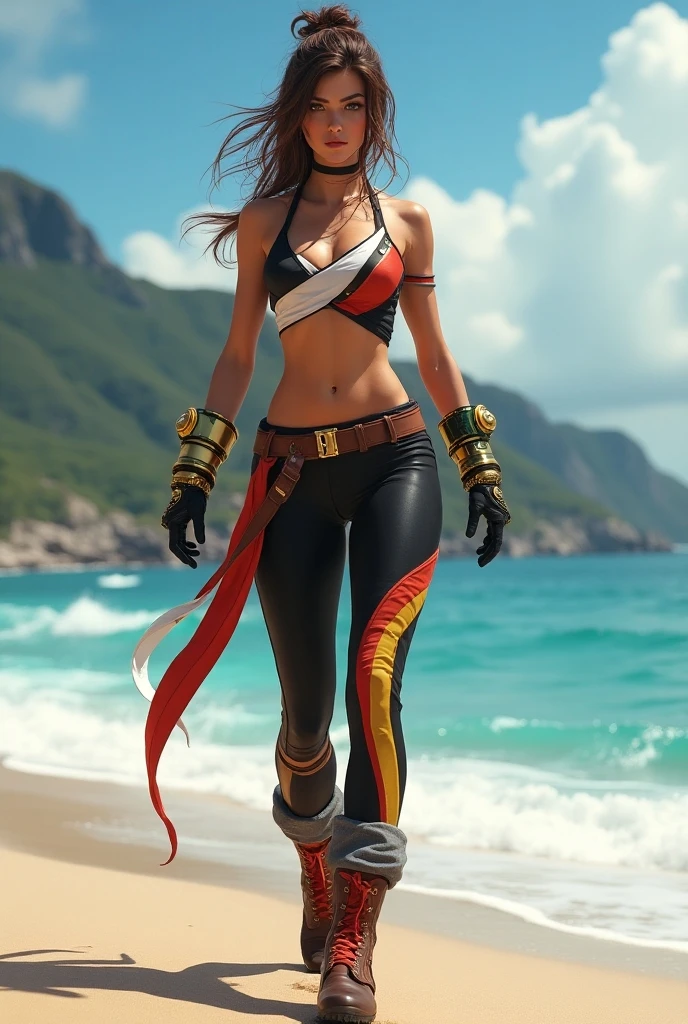 (Masterpiece, Best Quality:1.2), 独奏, 1girl, this, dark skin, dark skinned female, slight smile, looking a viewer, Hand on hip, single hair bun, Jewelry, necklace, earings, Belly chain, A bracelet, midriff, Beach, full - body, dressless, naked ass, Nude female body, Female genitals