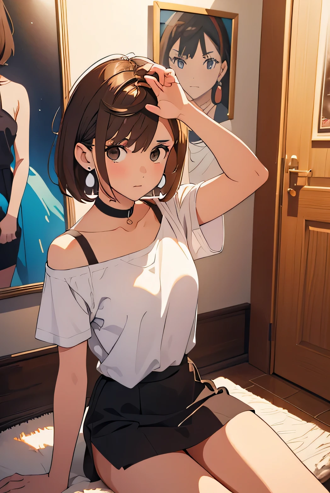 1girl,Brown Hair、 short hair 、Big earrings、（White T-shirt：1.5）、Shoulder、 choker、Scratching head、 black miniskirt、Best Quality、masterpiece、High image quality、Anime painting