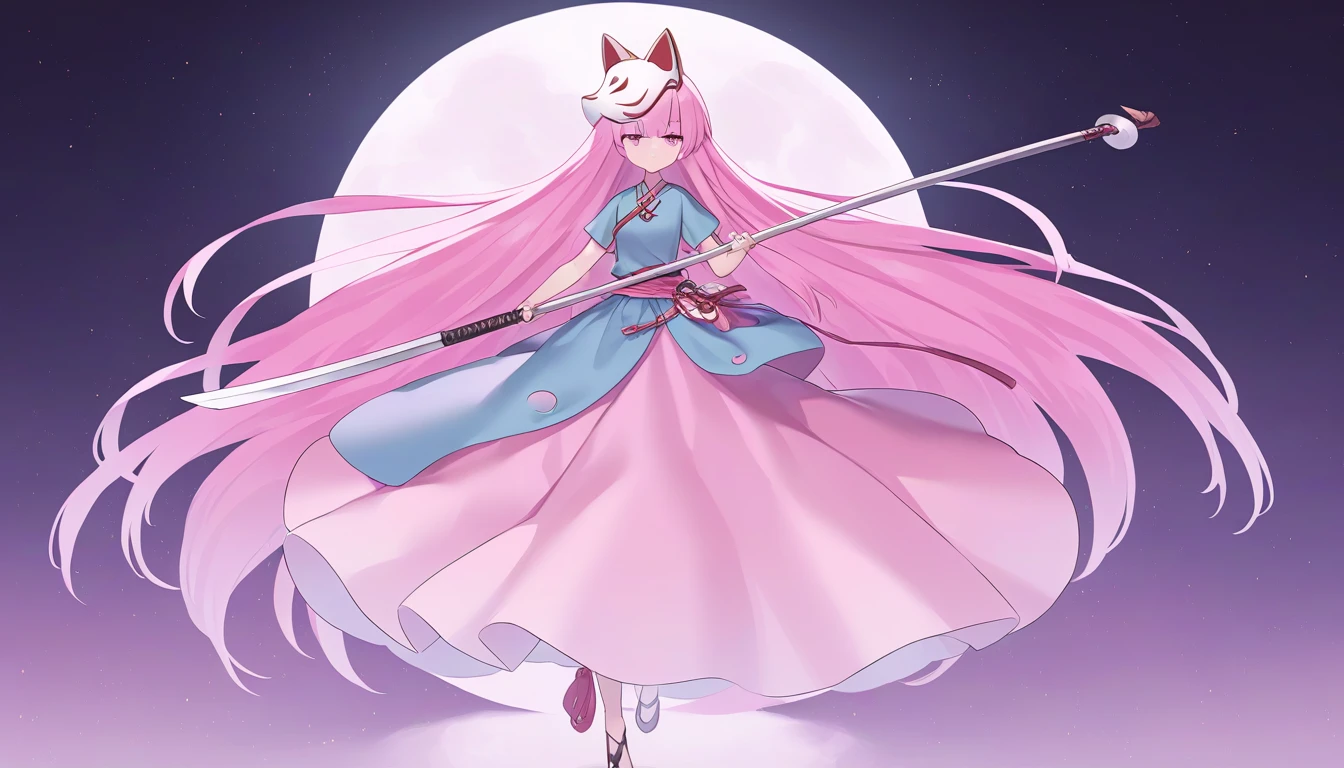  very long pink hair with a naginata 、　 pink eyes 　Turquoise clothing、 round, bulging pink skirt with crescent holes　girl、I held a naginata、Expressionless、 holding a naginata with a fox mask on the right side of the head