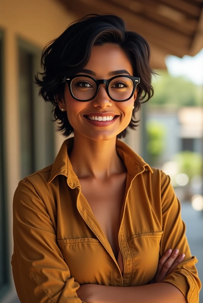 with glasses black eyes, short fluffy hair light skin pink lips, straight nose with a sweater and skirt black shoes and a radiant smile