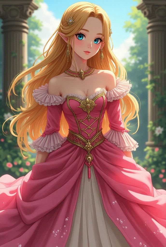 moe anime artstyle,princess luxurious, aristocrat, noble, arrogant,((absurdly long Straight hair)),Red Eyes,(((beautiful embroidery and jeweled gorgeous ballgown with voluminous full length crinoline hoop skirt))),((((((gigantic tits,curvy)))))),deep cleavage,Skindentation,((detailed face and eyes)),extremely gorgeous hair ornament,((extremely gorgeous big tiara)),luxurious jewelry,(((((gigantic tits))))),gorgeous palace,standing pose,palace garden,Looking at viewer,full body,((Arrogant smile))