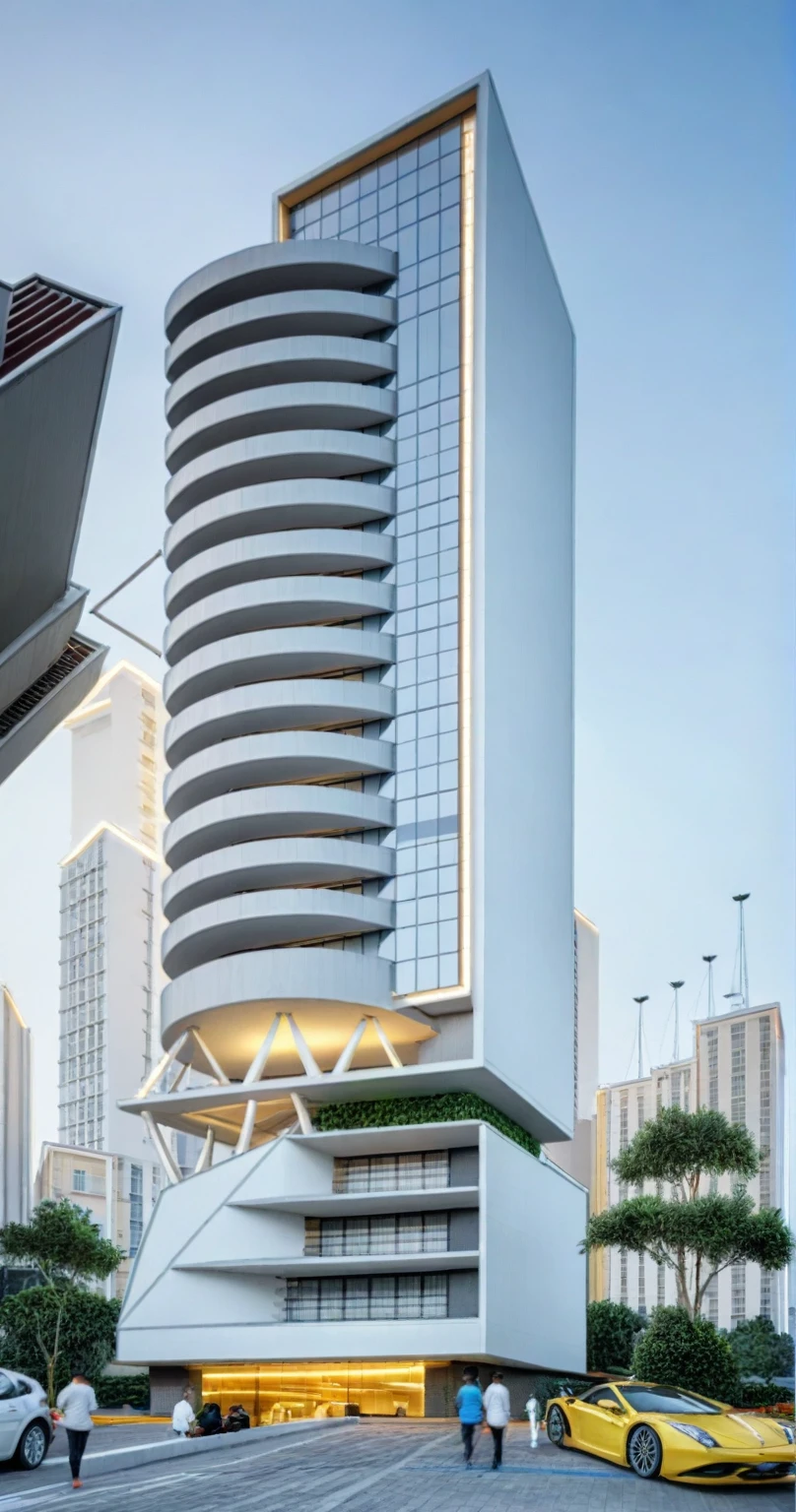 shangyejie, a residential towers, with a small podium at the ground floor and white color, in the Ho Chi Minh city in Viet Nam, designed in the style of modern architectural style. light yellow, random color, The towers have rectangular balconies on each side.side view,During the daytime, natural lighting, architectural photography, masterpiece, best quality, photorealism, ultra relistic, 