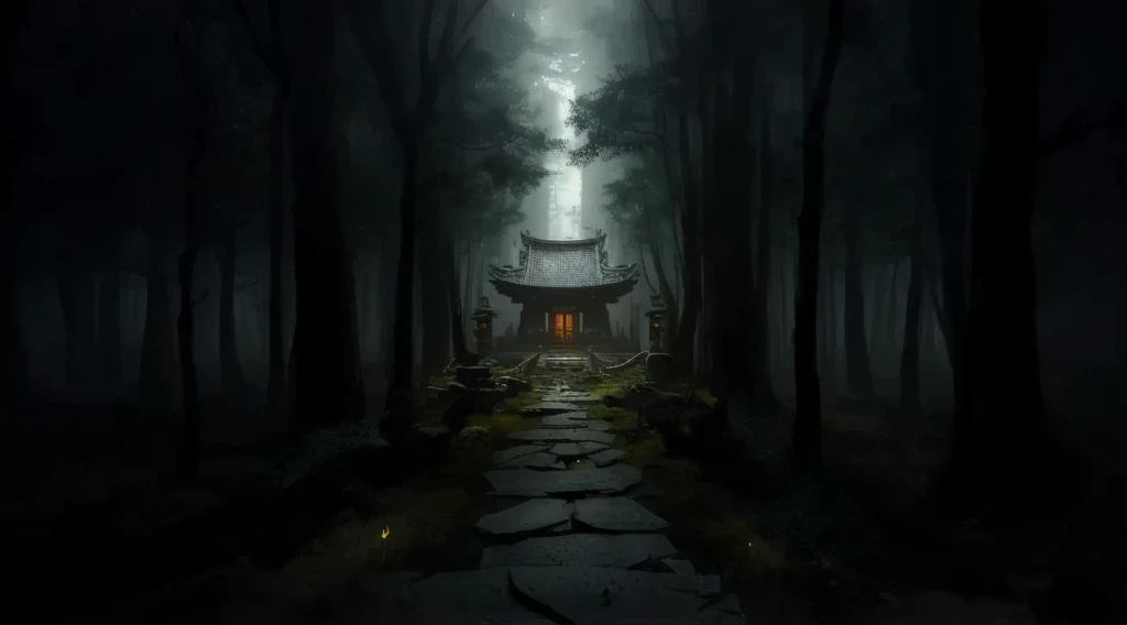  Dark Forest with a Little House in the Middle,  Mysterious Temple ,   Mysterious Temple Hidden in the Forest, cyberpunk japanese temple,  Mythical Shrine Hidden in the Forest ,  Has an Eerie Secret Temple ,  Witch's Cabin in the Forest , inspired by Andreas Rocha, Dark fantasy setting,  Realistic Dark Concept Art , Andreas Rocha Style,  Lost Temple ,  Mythical Space Shrine , The settings for the 