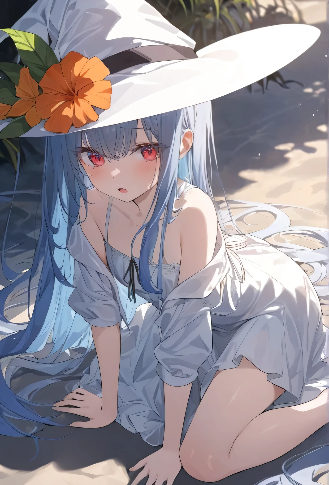 masterpiece，high quality，best，official art，Beautiful and picky，Very detailed（Fractal Art 1.2），Rich colors，Most detailed，a girl，Expressionless，dark blue long hair，long bangs，bright red eyes，pale albinism，barefoot，Wearing a pure white summer dress，Wearing a jacket that is not the right size，wearing witch hat，Turn your back to the audience，blush, open mouth, double tail, blue hair/watercolor hair, shy, 