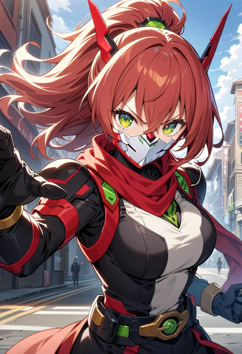 masterpiece,  best quality,  High Resolution , 非常にdetailedなCG,  1 girl, Transformation Heroine, Transformation Belt, ((red_hair)), Internal mechanism, No mask,  (red_scarf), mecha armored, Roadshow, street, Combat Stance,  viewers, Hero Pose,detailed, Look at the sky
, concentrated, Portrait, image, 長いhair,  redhair , Green Eyes, 耳を覆うhair,  sophisticated and powerful appearance , exotic,masked rider, belt, whole body