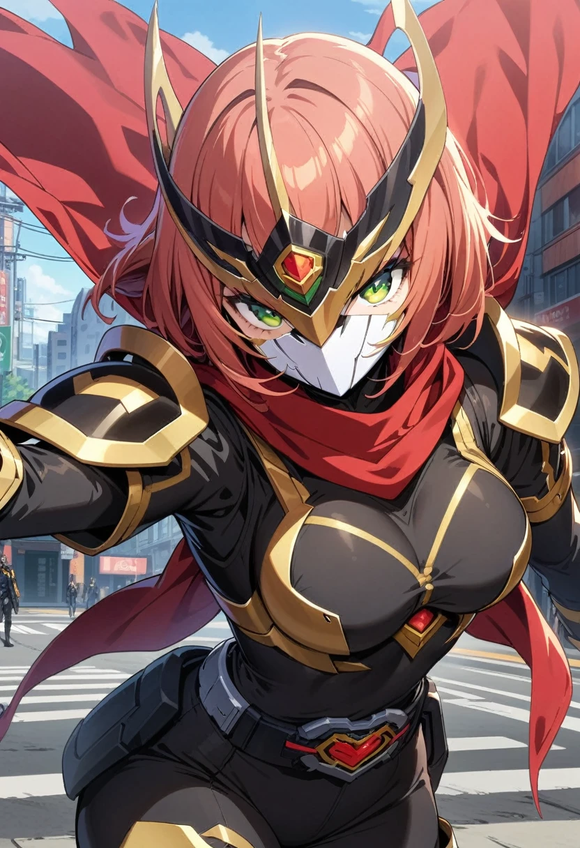 masterpiece,  best quality,  High Resolution , 非常にdetailedなCG,  1 girl, Transformation Heroine, Transformation Belt, ((red_hair)), Internal mechanism, No mask,  (red_scarf), mecha armored, Roadshow, street, Combat Stance,  viewers, Hero Pose,detailed, Look at the sky
, concentrated, Portrait, image, 長いhair,  redhair , Green Eyes, 耳を覆うhair,  sophisticated and powerful appearance , exotic,masked rider, belt, whole body