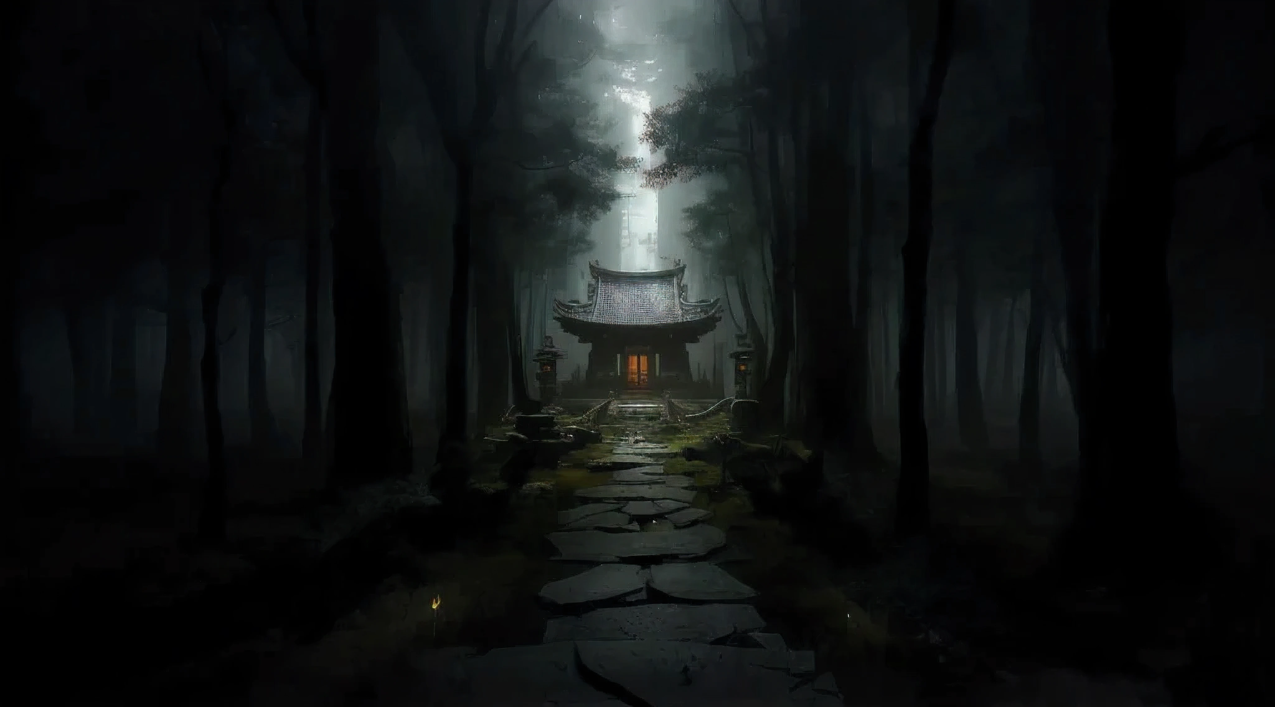  Dark Forest with a Little House in the Middle,  Mysterious Temple ,   Mysterious Temple Hidden in the Forest, cyberpunk japanese temple,  Mythical Shrine Hidden in the Forest ,  Has an Eerie Secret Temple ,  Witch's Cabin in the Forest , inspired by Andreas Rocha, Dark fantasy setting,  Realistic Dark Concept Art , Andreas Rocha Style,  Lost Temple ,  Mythical Space Shrine , The settings for the 