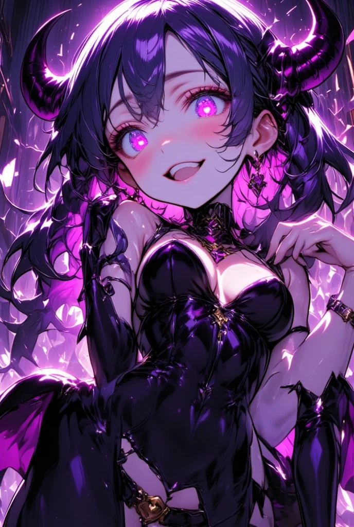 1 mature and seductive woman,(Best Quality,Very detailed depiction, Incredibly Absurd High Resolution, anatomically accurate depiction ,Beautiful legs, pottery skin),(Bewitching Succubus:2.3,Queen),(Shiny latex,Luxury accessories,earrings,necklace,Bracelet,Black tights,High heels,Devil&#39;s Wings),(Glowing purple eyes,Crazy Eyes:2.0,eyelash,Large Breasts,A seductive smile:2.3,Glossy lips,Flashy makeup,Seductive gestures:2.0, half-closed eyes:2.3, are opening their mouths),Picture from the waist up:2.0,High quality anime drawings:2.0