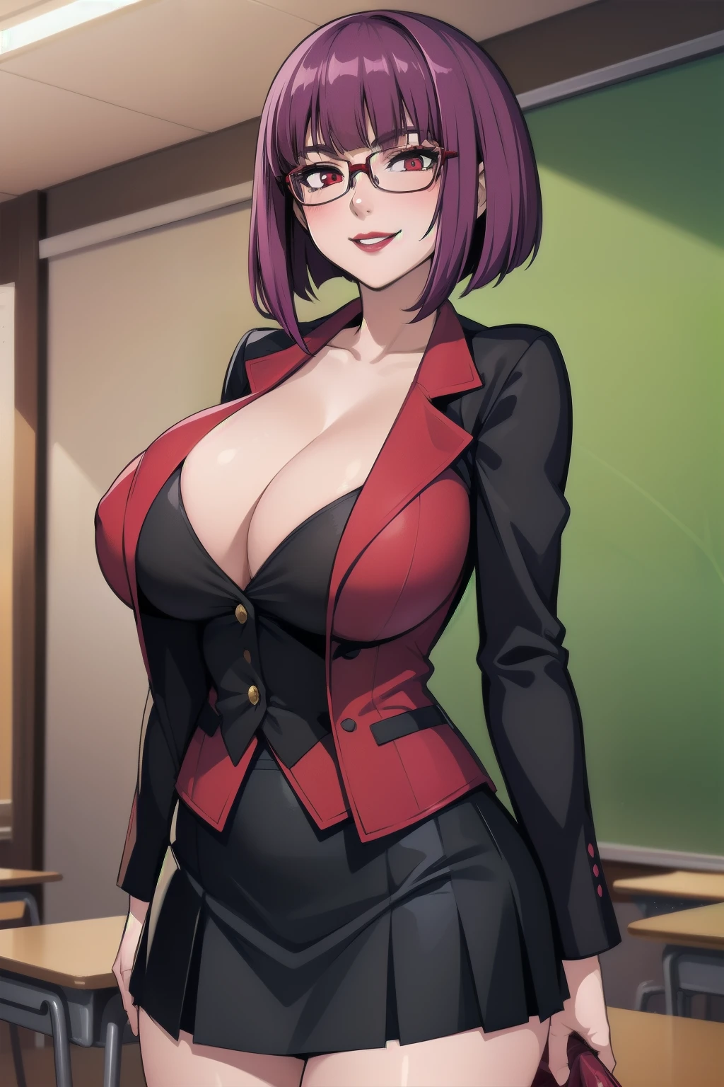 1girl,Oboro, mature female,purple hair, short hair, bangs, eyeshadow, low ponytail, lipstick, detailed face, red eyes,huge breasts, black jacket, teacher,suit skirt, cowboy shot,school,smile,glasses ,coverd