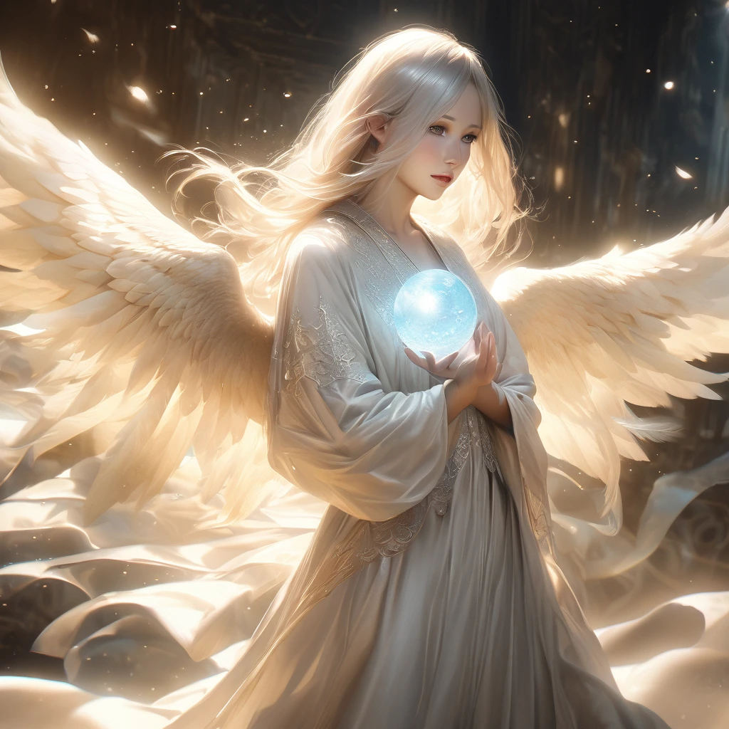 An angel with long, flowing white hair and pale skin, holding a glowing orb of light in their hands. They are dressed in a flowing, silver-white robe with intricate details, and large, feathered wings extend from their back. The background is a soft, ethereal gray with subtle light particles floating around, creating a sense of peace and serenity. The lighting is soft and diffused, with a warm glow emanating from the orb, 8k, Ultra realistic, hyper realistic, detailed, intricate, elegant, divine, serene.