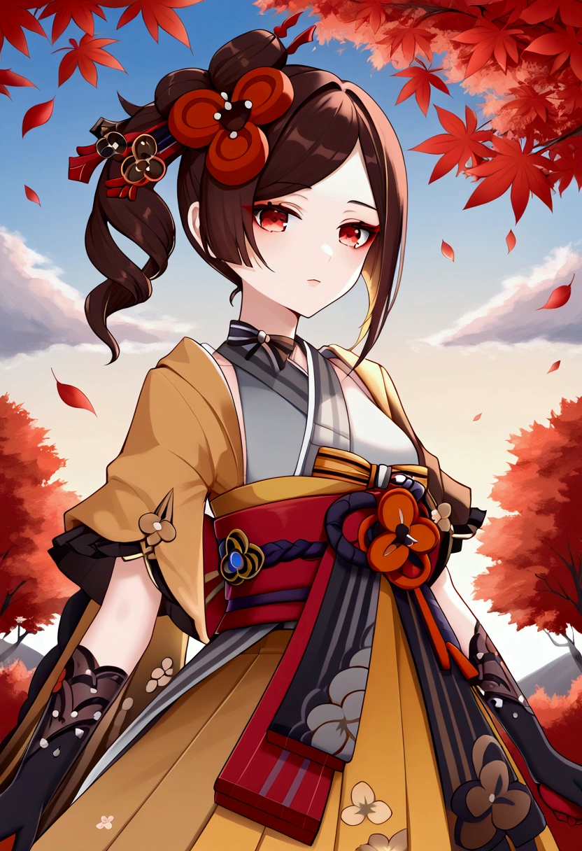 chiori, brown hair, hair ornament, red eyes, flower, hair flower, gloves, japanese clothes, sash, obi, stand, sword, Sword handle, Falling leaves, sky, cloud, Beautiful view