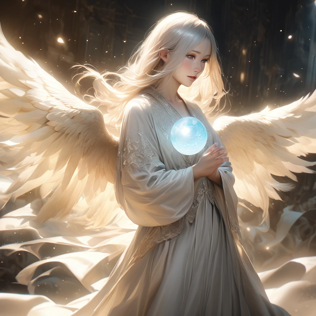 An angel with long, flowing white hair and pale skin, holding a glowing orb of light in their hands. They are dressed in a flowing, silver-white robe with intricate details, and large, feathered wings extend from their back. The background is a soft, ethereal gray with subtle light particles floating around, creating a sense of peace and serenity. The lighting is soft and diffused, with a warm glow emanating from the orb, 8k, Ultra realistic, hyper realistic, detailed, intricate, elegant, divine, serene.