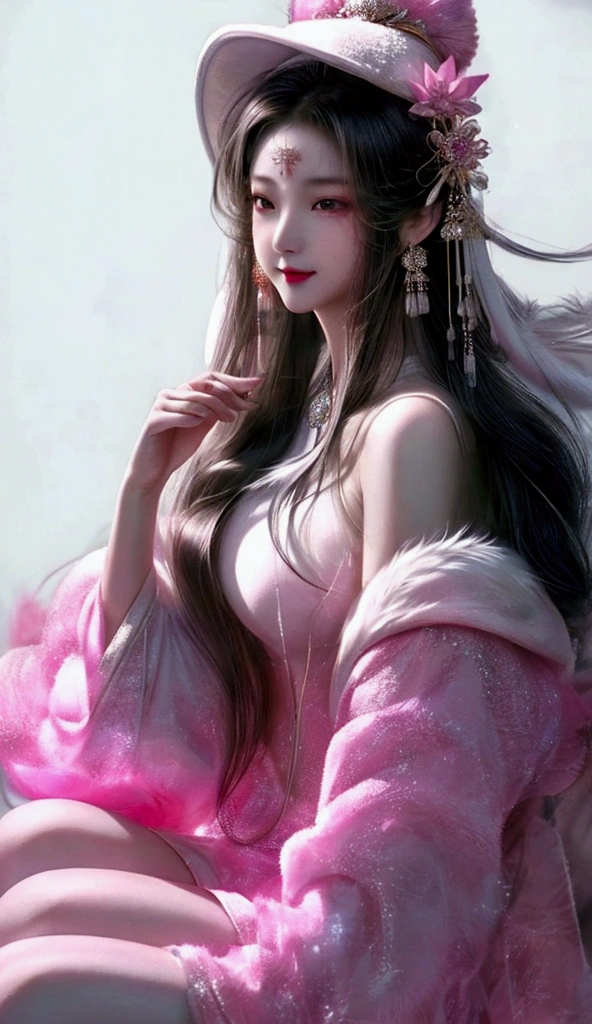 ice,Fall, Character Design ,Chinese Nine-tailed Fox Woman,Oval face（1：2） White Liu Hai Long hair , Smile, Single-eyed , Fancy dress , headgear, jewelry, Big breasts, Wearing white antique Hansel, Pink fur cape ,Head close-up, sparkle effect, classicism, 