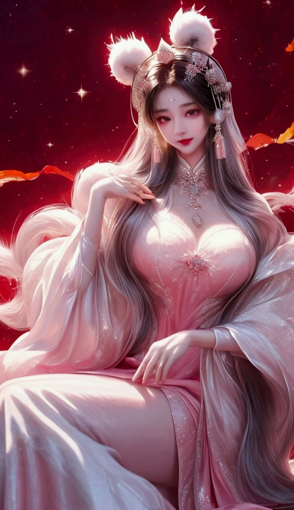 ice,Fall, Character Design ,Chinese Nine-tailed Fox Woman,Oval face（1：2） White Liu Hai Long hair , Smile, Single-eyed , Fancy dress , headgear, jewelry, Big breasts, Wearing white antique Hansel, Pink fur cape ,Head close-up, sparkle effect, classicism, 