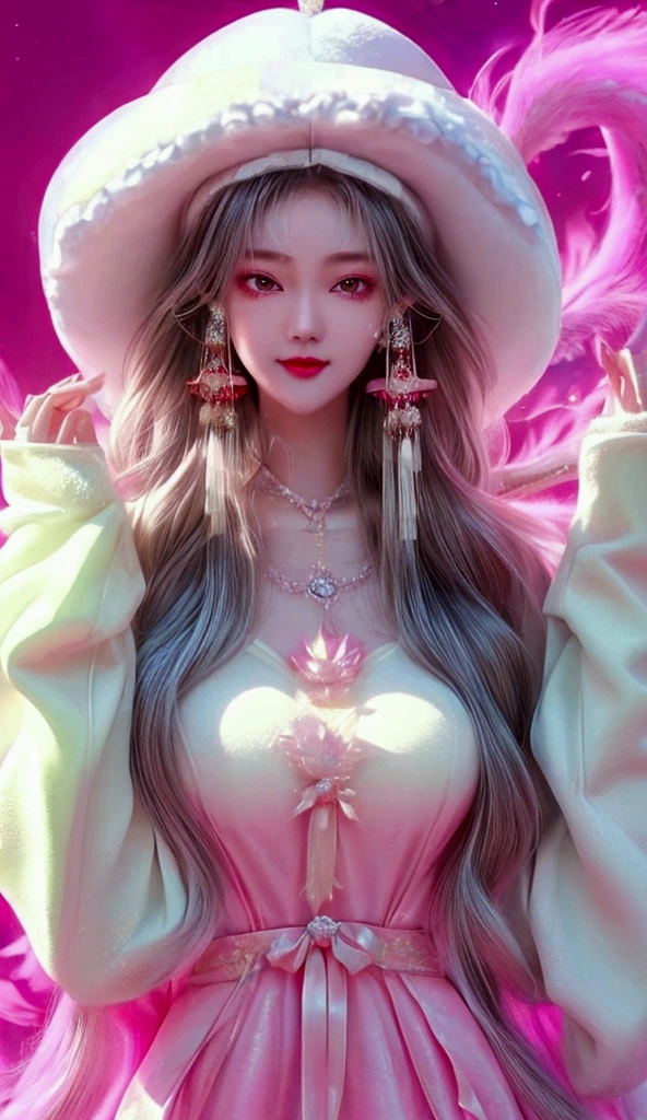 ice,Fall, Character Design ,Chinese Nine-tailed Fox Woman,Oval face（1：2） White Liu Hai Long hair , Smile, Single-eyed , Fancy dress , headgear, jewelry, Big breasts, Wearing white antique Hansel, Pink fur cape ,Head close-up, sparkle effect, classicism, 