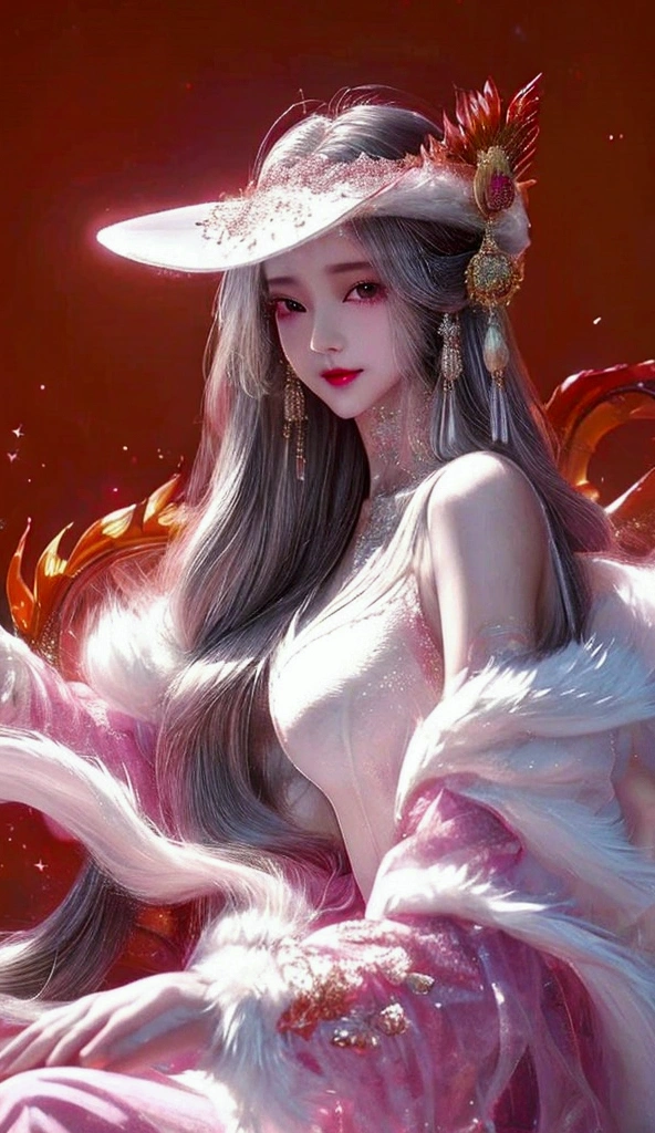 ice,Fall, Character Design ,Chinese Nine-tailed Fox Woman,Oval face（1：2） White Liu Hai Long hair , Smile, Single-eyed , Fancy dress , headgear, jewelry, Big breasts, Wearing white antique Hansel, Pink fur cape ,Head close-up, sparkle effect, classicism, 