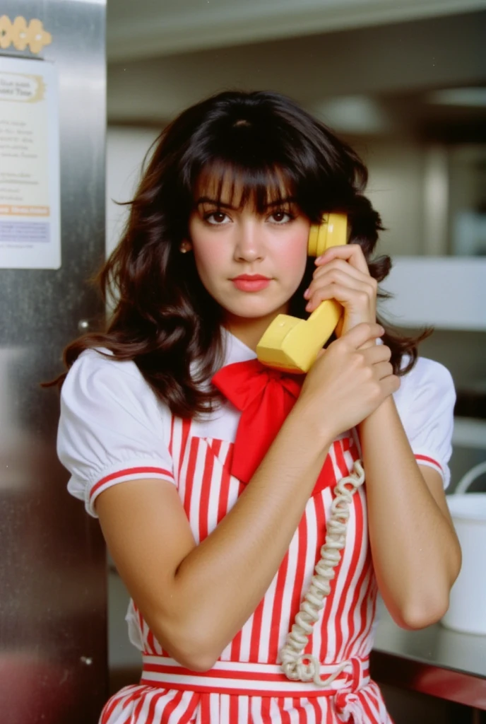 This is a photograph depicting a woman named phoebe in a vintage-style waitress outfit, standing in what appears to be a diner or kitchen. She has long, dark brown hair styled in loose waves, with some strands falling over her face. Her skin tone is light, and she has a serious expression as she holds a yellow rotary dial phone to her ear with both hands, adjusting the handset with her right hand. She is wearing a short-sleeved, white blouse with red and white vertical stripes, and a large red bow tie at the collar. The blouse has a rounded neckline and short puffed sleeves.

The background shows a metallic, industrial-style wall with a bulletin board on the left side, partially visible, and a stainless steel kitchen appliance or cabinet behind her. The kitchen setting includes a white container or bucket on the right side, suggesting a functional, utilitarian environment. The lighting is bright and even, highlighting the details of her clothing and the clean, modern kitchen ambiance. The overall atmosphere is one of a classic, retro diner or kitchen setting, with a focus on the young woman's serious demeanor and her interaction with the phone