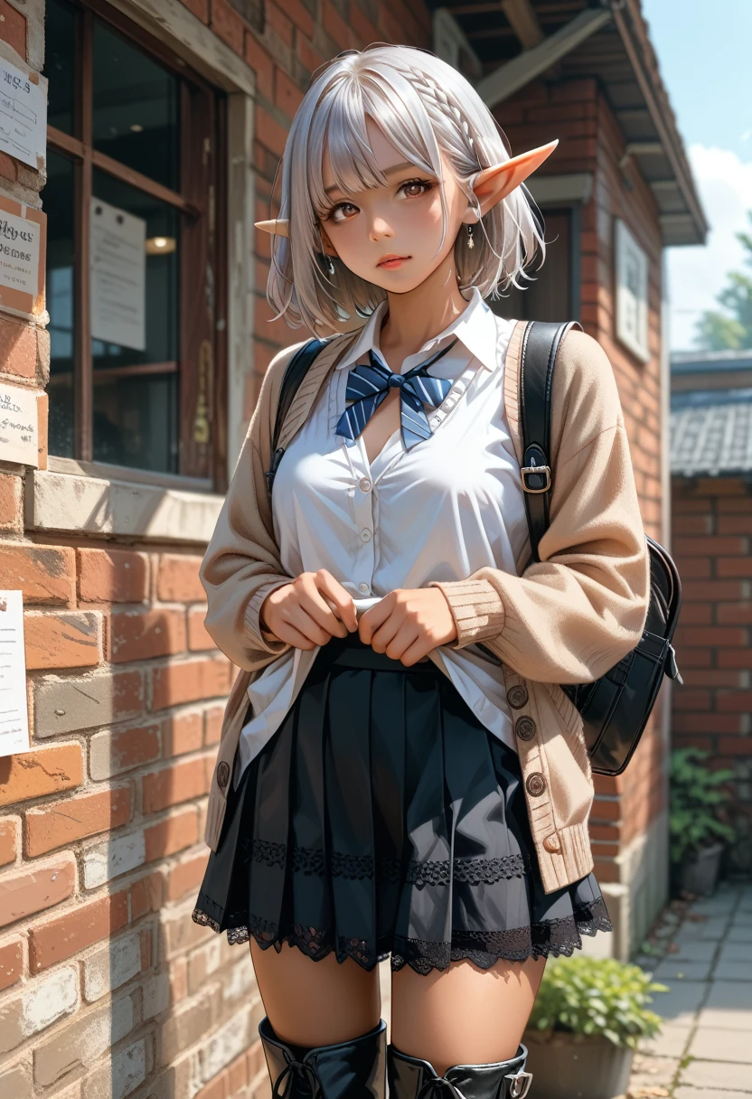 (high resolution,,portrait)（Red Brick Warehouse）(nsfw) 1girl((female ) (Silver Hair、Elf Ears、tanned skin:2.5、)（college long cardigan 、blouse、 high waisted tartan check skirt、Backpacks、Lace-up boots））((upskirt)(skirt lift))(View here)