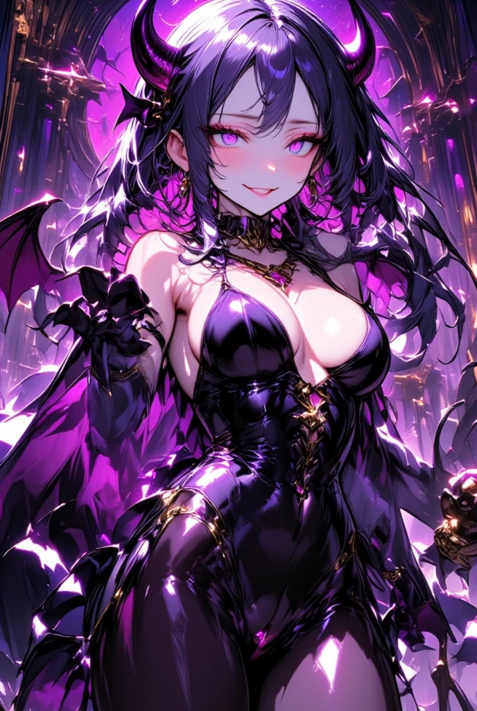 1 mature and seductive woman,(Best Quality,Very detailed depiction, Incredibly Absurd High Resolution, anatomically accurate depiction ,Beautiful legs, pottery skin),(Bewitching Succubus:2.3,Queen),(Shiny latex,Luxury accessories,earrings,necklace,Bracelet,Black tights,High heels,Devil&#39;s Wings),(Glowing purple eyes,Crazy Eyes:2.0,eyelash,Large Breasts,A seductive smile:2.3,Glossy lips,Flashy makeup,Seductive gestures:2.0, half-closed eyes:2.3, are opening their mouths),Full body image:2.0,High quality anime drawings:2.0