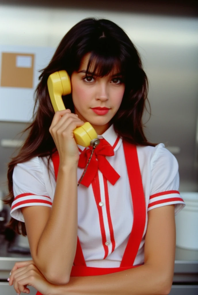 This is a photograph depicting a woman named phoebe in a vintage-style waitress outfit, standing in what appears to be a diner or kitchen. She has long, dark brown hair styled in loose waves, with some strands falling over her face. Her skin tone is light, and she has a serious expression as she holds a yellow rotary dial phone to her ear with both hands, adjusting the handset with her right hand. She is wearing a short-sleeved, white blouse with red and white vertical stripes, and a large red bow tie at the collar. The blouse has a rounded neckline and short puffed sleeves.

The background shows a metallic, industrial-style wall with a bulletin board on the left side, partially visible, and a stainless steel kitchen appliance or cabinet behind her. The kitchen setting includes a white container or bucket on the right side, suggesting a functional, utilitarian environment. The lighting is bright and even, highlighting the details of her clothing and the clean, modern kitchen ambiance. The overall atmosphere is one of a classic, retro diner or kitchen setting, with a focus on the young woman's serious demeanor and her interaction with the phone