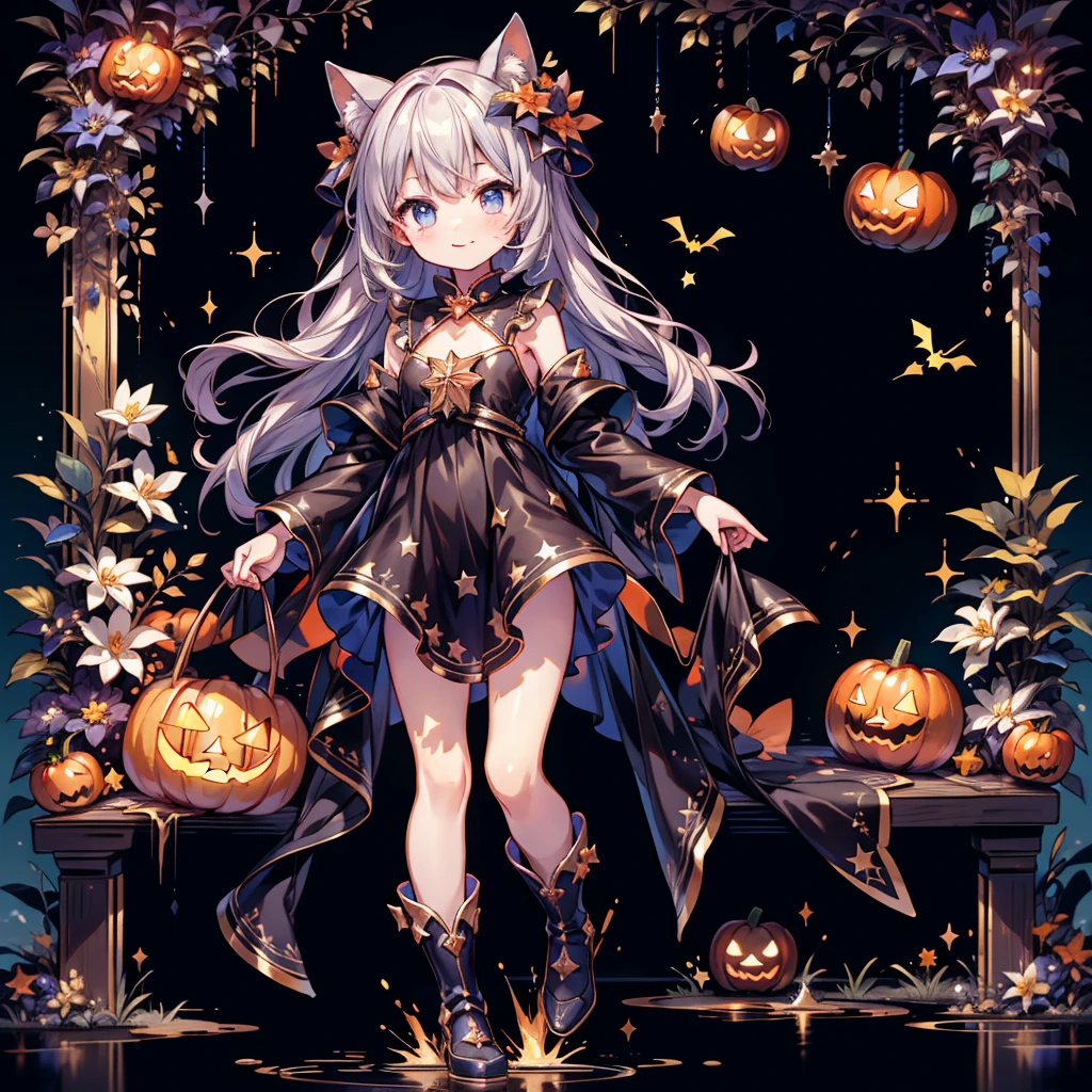 cutestarの妖精、cute、（ beautiful eyes、Detailed eyes）、（ were particular about every detail、Optimal Configuration、 Perfect Anatomy）、Full body front、Front、 facing the viewer、One Girl, best quality、masterpiece、Official Art、Super detailed、so beautiful、Pumpkin Fairy、Gray Hair、  Straight Long Hair  、milky way、Universe、star charm、star、baby face、 Long Boots , magic circle、Houndstooth、smile、orange neon lights 、Hope and expectation、 Trick or Treat 、Halloween、🎃、Halloweenの衣装、orange and black gothic costume 、star、流star群、Universe、The neon light enhances cuteness、Champagne Tower、