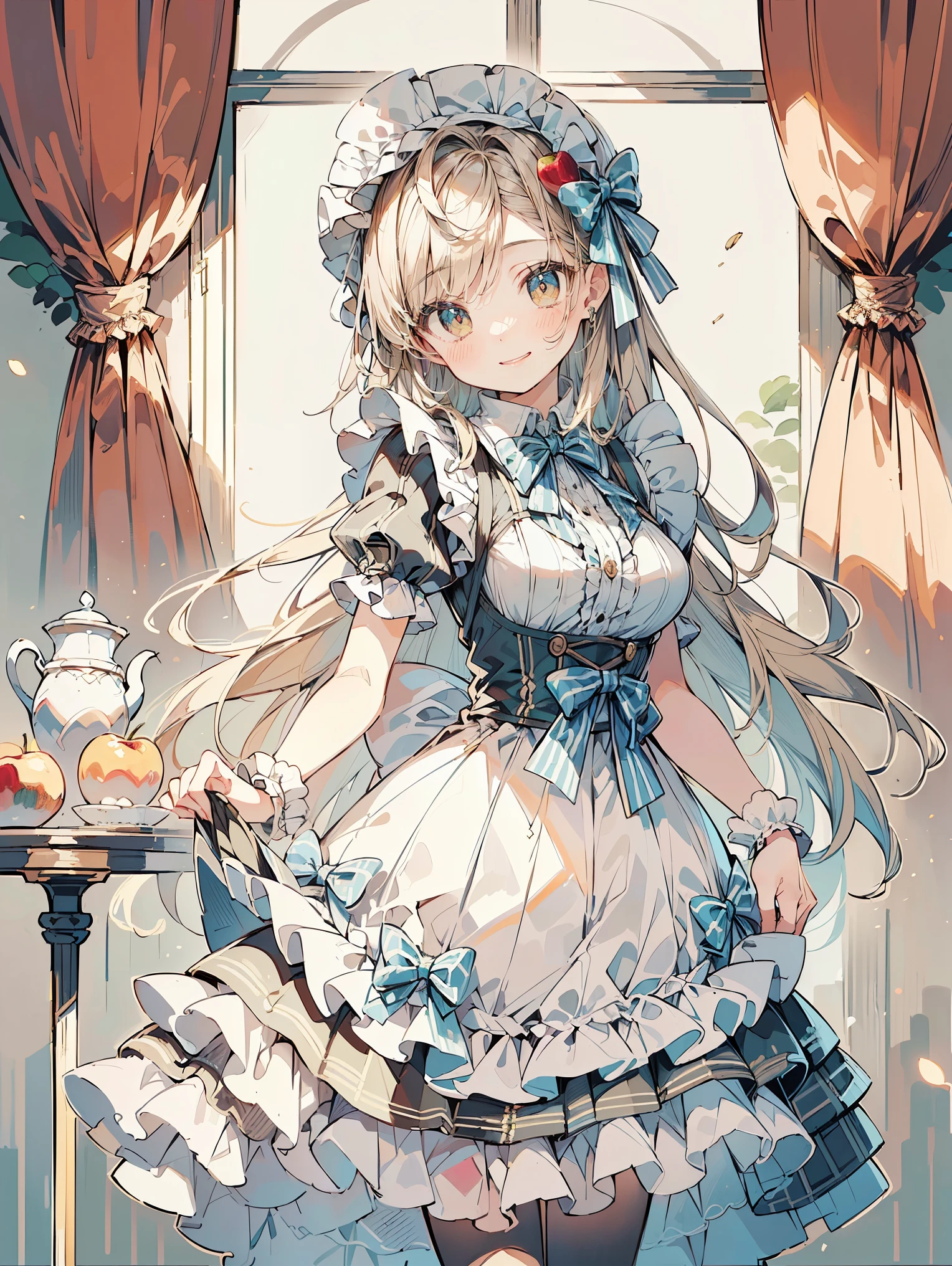 (( best quality ,(masterpiece:1.2), Perfect composition , 1 Light Brown Long Hair , Cute Apple Girl , Guvez Style Artwork , tie up hair, with flowing hair, Girl Adopting Apple ,apple tree,Apple Decoration ,Plaid Skirt( similar maid dress style),bow tie(ribbon),sweet style,Smile,Delicate light and shadow