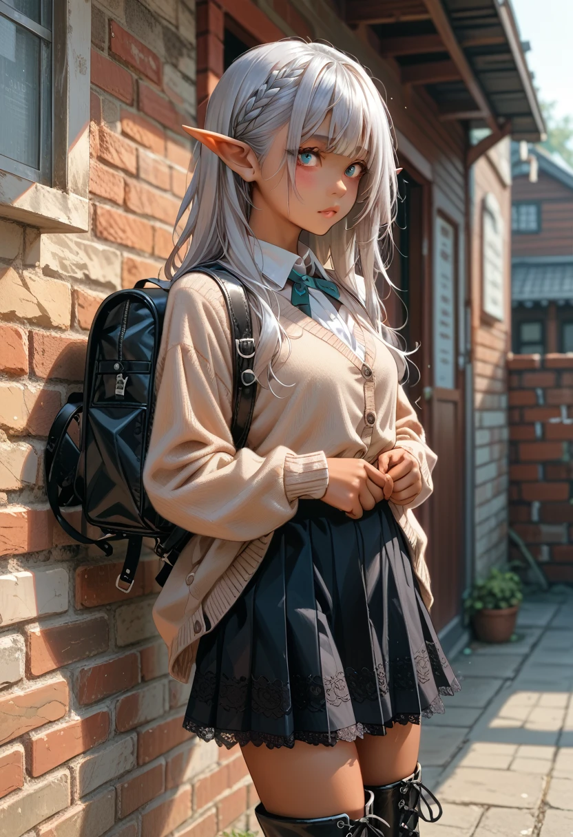 (high resolution,,portrait)（Red Brick Warehouse）(nsfw) 1girl((female ) (Silver Hair、Elf Ears、tanned skin:2.5、)（college long cardigan 、blouse、 high waisted tartan check skirt、Backpacks、Lace-up boots））((skirt lift))(View here)