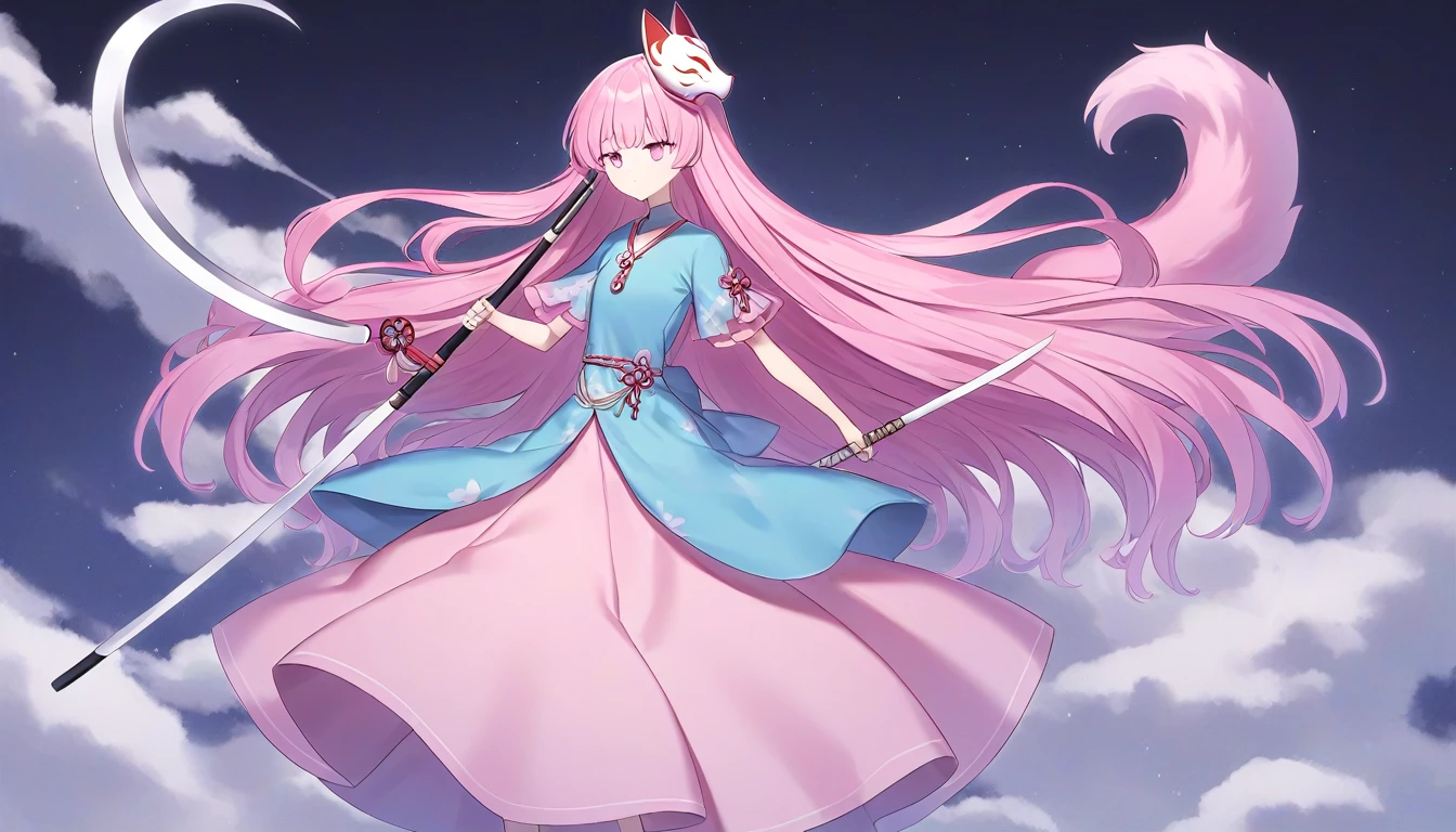  very long pink hair with a naginata 、　 pink eyes 　Turquoise clothing、 big round bulging pink skirt　girl、I held a naginata、Expressionless、 holding a naginata with a fox mask on the right side of the head　Nothing grows on my head 　 eyes like jewels