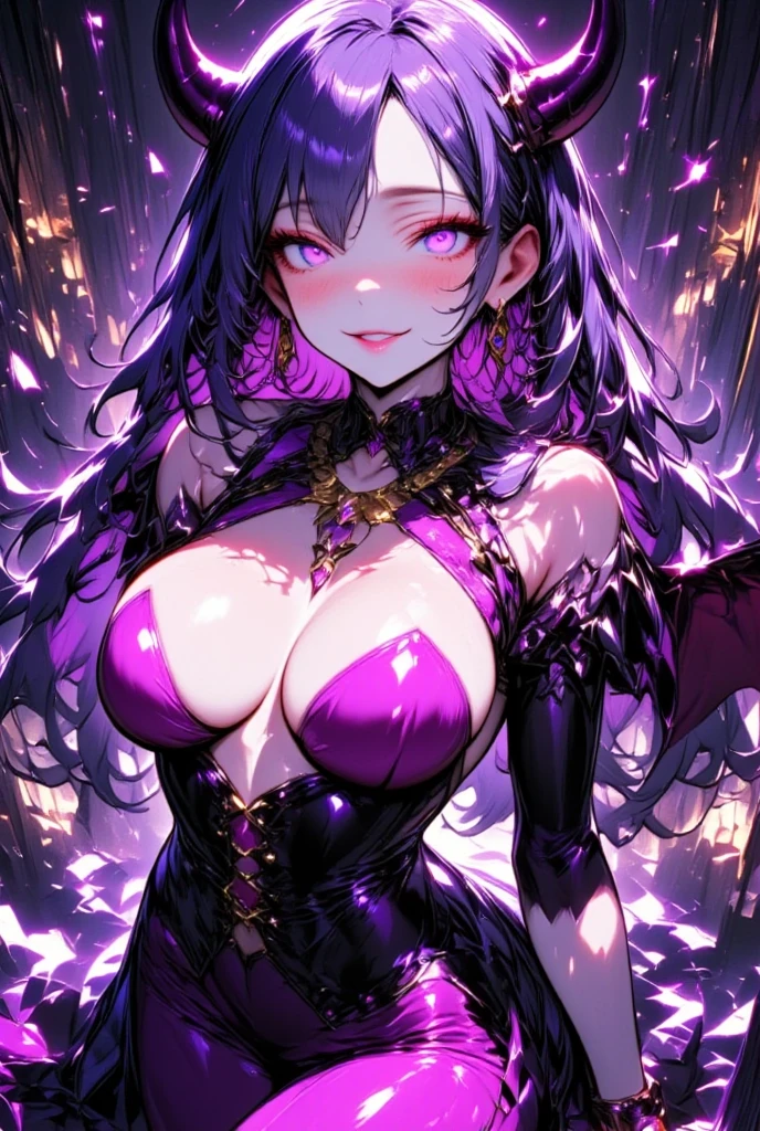 1 mature and seductive woman,(Best Quality,Very detailed depiction, Incredibly Absurd High Resolution, anatomically accurate depiction ,Beautiful legs, pottery skin),(Bewitching Succubus:2.3,Queen),(Shiny latex,Luxury accessories,earrings,necklace,Bracelet,Black tights,High heels,Devil&#39;s Wings),(Glowing purple eyes,Crazy Eyes:2.0,eyelash,Large Breasts,A seductive smile:2.3,Glossy lips,Flashy makeup,Seductive gestures:2.0, half-closed eyes:2.3, are opening their mouths),Full body image:2.0,High quality anime drawings:2.0