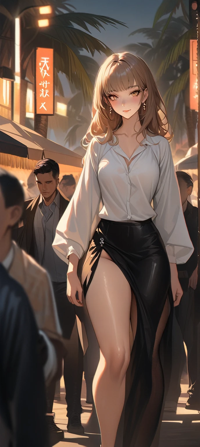 A beautiful young woman with detailed eyes, long eyelashes, and a sexy evocative smile stands on a beach, wearing a white shirt, pantyhose, and earrings. She has shiny skin, a slight blush, and skin indentation. The scene includes palm trees and a crowd in the background. The image is a realistic, high-quality masterpiece, with perfect facial features, sharp focus, and trending on ArtStation and CGSociety.