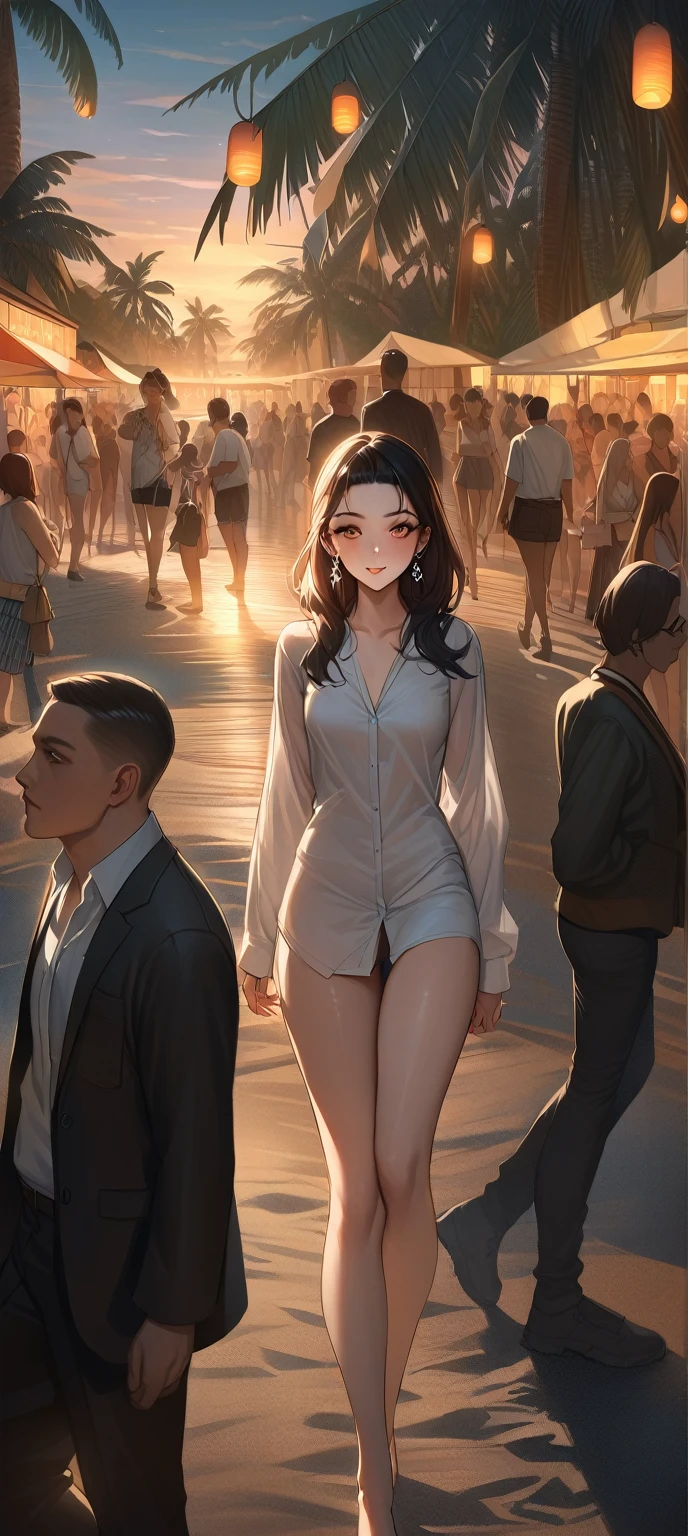 A beautiful young woman with detailed eyes, long eyelashes, and a sexy evocative smile stands on a beach, wearing a white shirt, pantyhose, and earrings. She has shiny skin, a slight blush, and skin indentation. The scene includes palm trees and a crowd in the background. The image is a realistic, high-quality masterpiece, with perfect facial features, sharp focus, and trending on ArtStation and CGSociety.