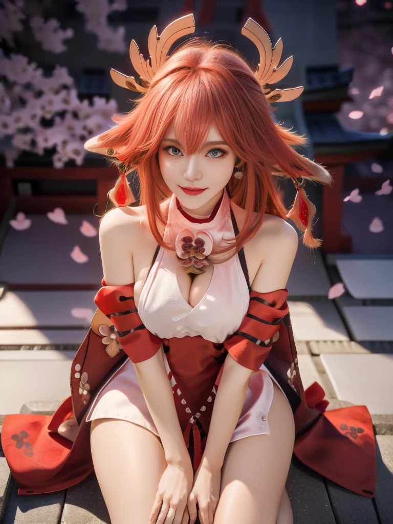 ((winter background)), ((Japan snowing forest background)), (((luminous background))), (turning back, (back shot), ass focus, brow front,:1.2), (Masterpiece, Excellent, 1girl, solo, complex details, color difference), realism, ((medium breath)), off-the-shoulders, big breasts, sexy, Yae Miko, long pink hair, red headdress, red highlight, hair above one eye, green eyes, earrings, sharp eyes, perfectly symmetrical figure, choker, neon shirt, open jacket, turtleneck sweater, graffiti, dim lighting, alley, looking at the audience, ((mean, seductive, charming)), tulle, bare shoulders, blooming flower fields, radiant skin, faint smile, sexy, bust, no breast cover, naked, cocked ass, tummy look
