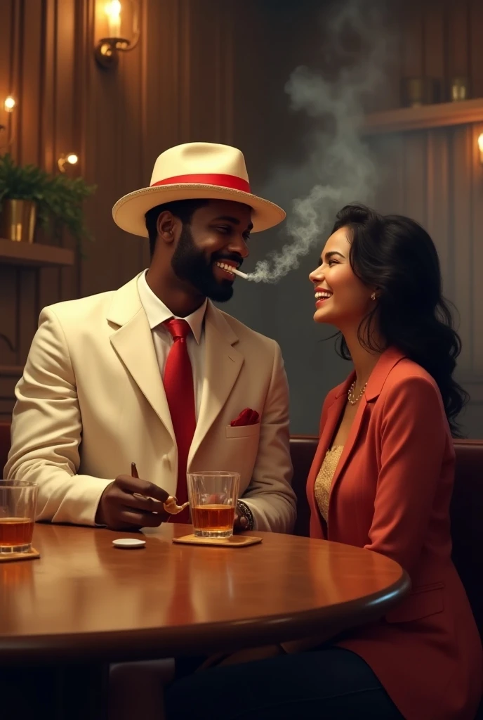 (Photorealism:1.2), Zé Pelintra do Morro Entity, Naughty MAN, skin black, eyes black, blackquality hair,
really short hair, red suit, black necktie, Cord, gold bracelets and rings, White Panama Hat with Red Stripe, Drinking beer, smoking cigar.
together with Maria Preta do Cais, naughty woman, black long hair black, with luxurious gold jewelry, with white and red gypsy style blouse, smoking a cigarette, bebendo whisky, with a sexy smile.
next to them Zé Pelintra from the road in a black suit, shorth hair, black hair red tie, white Panama hat with black stripe The three inside the cabaret, talking and laughing a lot, seated at a desk, full of gold coins, playing card, dados, Full-body image.